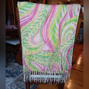 Lilly Pulitzer Murfee scarf "Sea Me" pink silk/wool EUC!